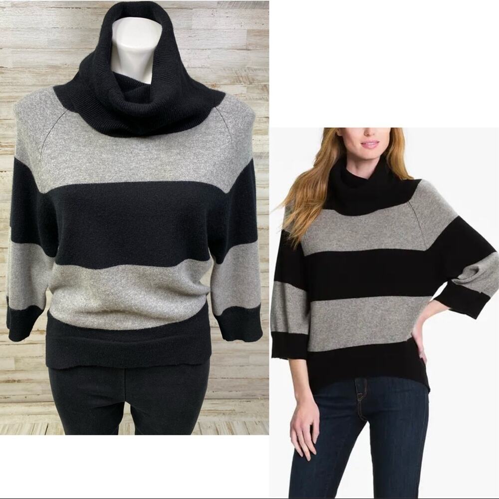 Pure Amici Cashmere Cowl Neck Sweater Womens Size XS Black & Gray Stripe